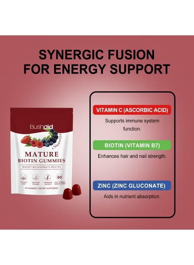 بوشيد Bushaid Mature Biotin Gummies (60 علكة) ، تحتوي على تركيز عال من البيوتين لتعزيز شعر سميك وأقوى ، مكمل غذائي. - Image 2
